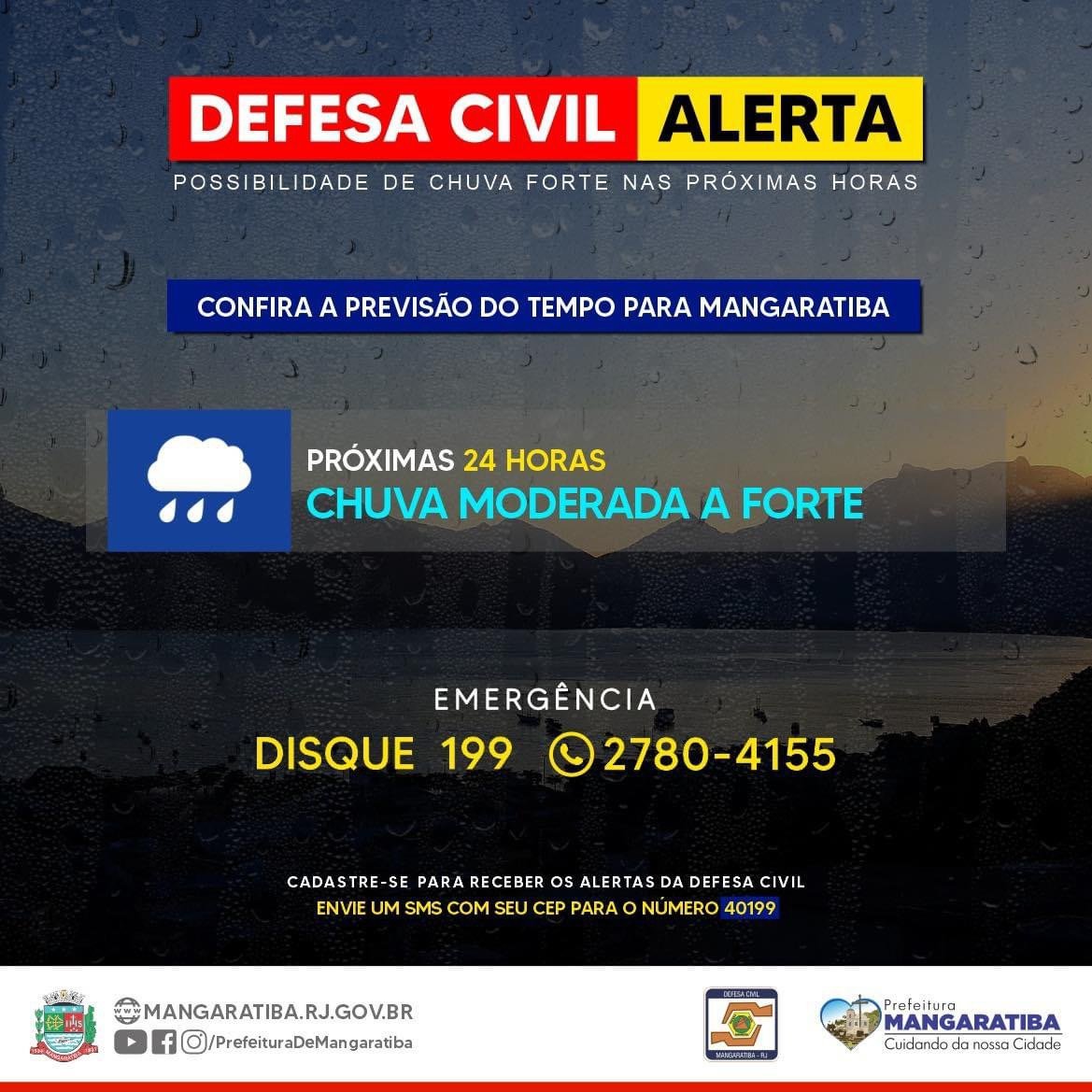 Defesa civil da alerta de chuva de moderada a forte